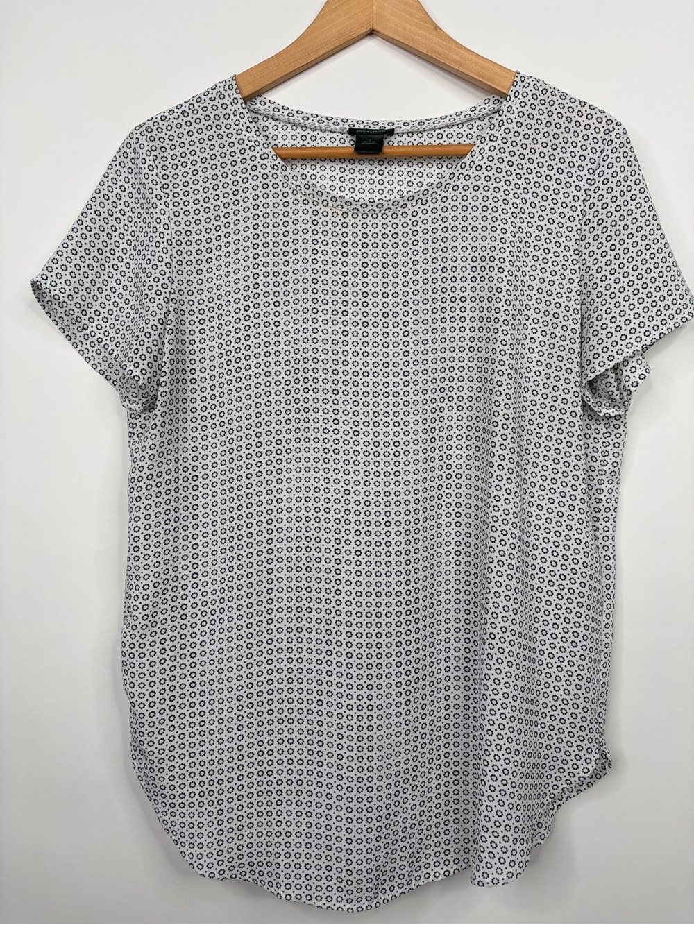 Ann Taylor White Short-Sleeve Top with Black Micro Dot Pattern